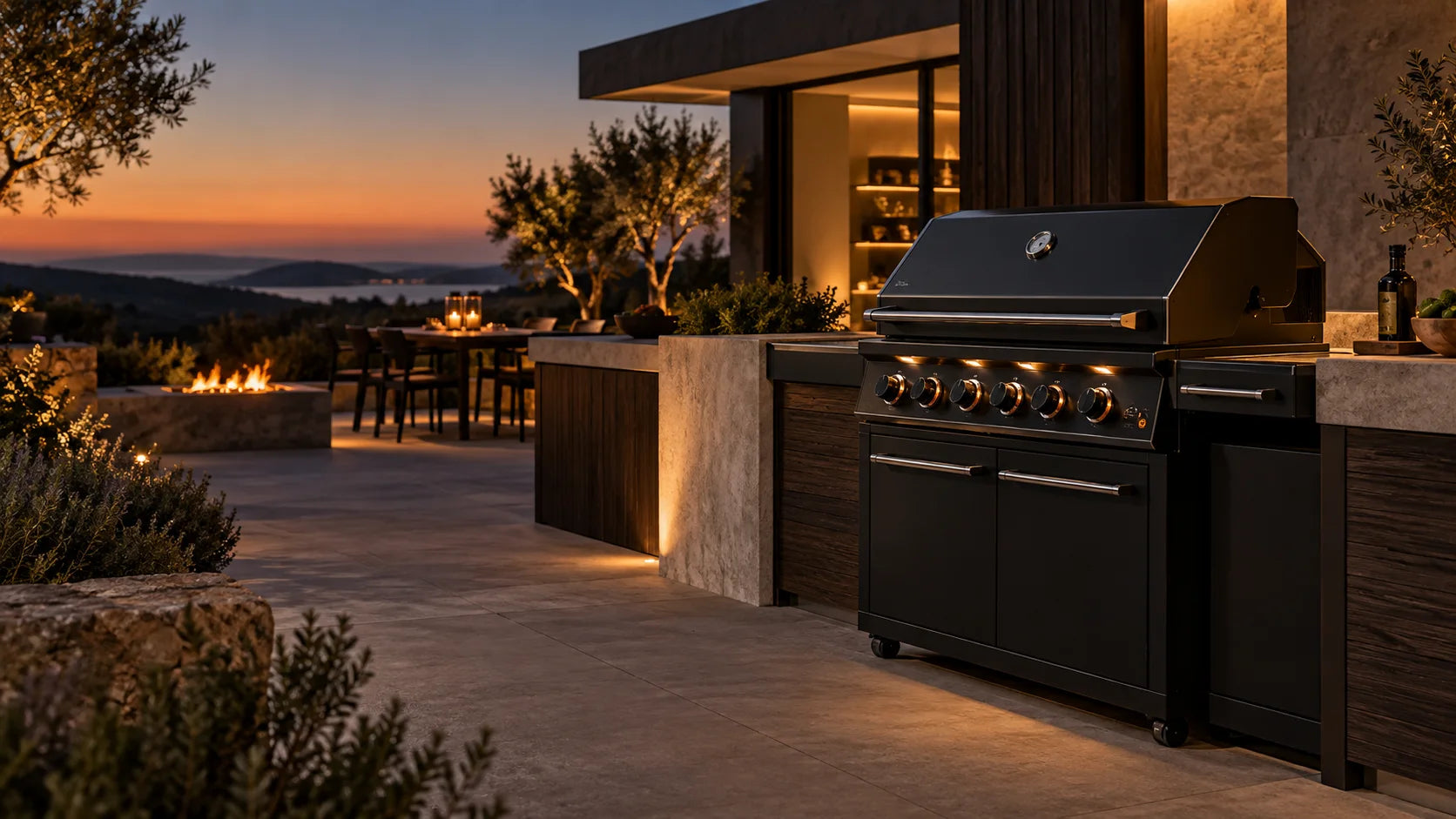 A modern outdoor kitchen with stone counters and warm timber details