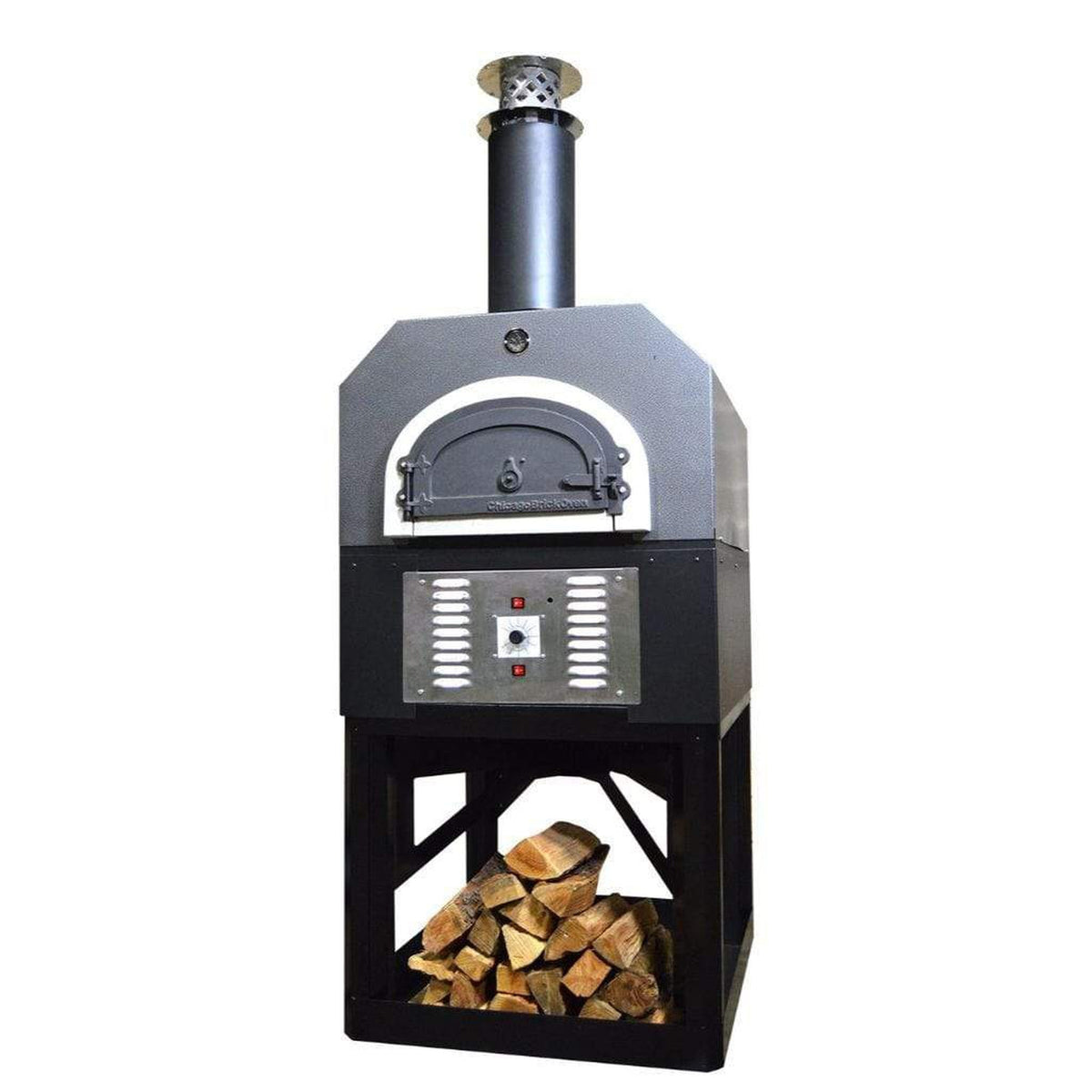 Chicago Brick Oven CBO-750 38" x 28" Hybrid Wood/Natural Gas Pizza Oven With Silver Vein Hood & Black Base Stand (Residential) - View 2