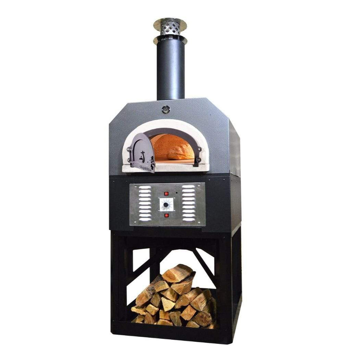 Chicago Brick Oven CBO-750 38" x 28" Hybrid Wood/Natural Gas Pizza Oven With Silver Vein Hood & Black Base Stand (Residential) - View 1