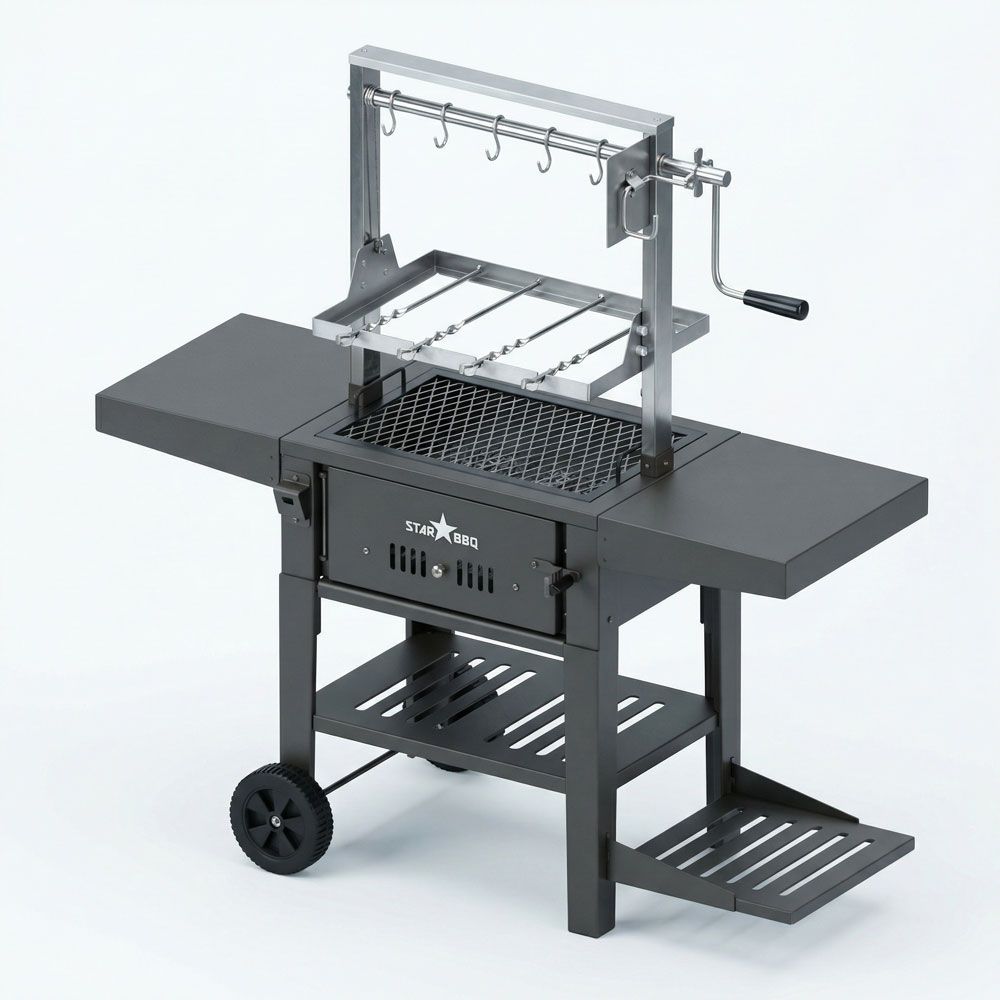 Sunstone StarBBQ 24" Charcoal Griller Base with Santa Maria Rim & the Raised Solid Steel Griddle Insert & ExGrate Cooking Grate on BBQ Cart