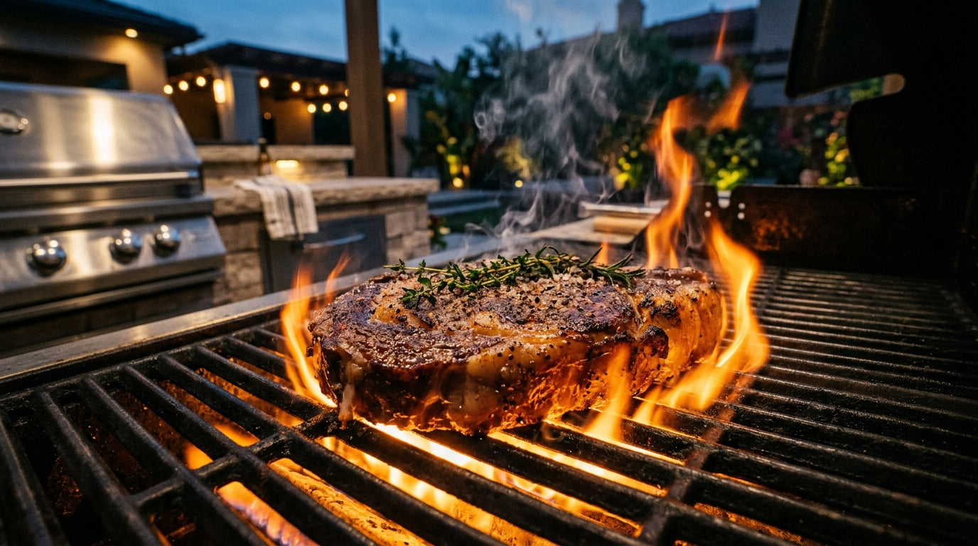 Prime ribeye searing over roaring wood fire on Grill Atlas cast grates